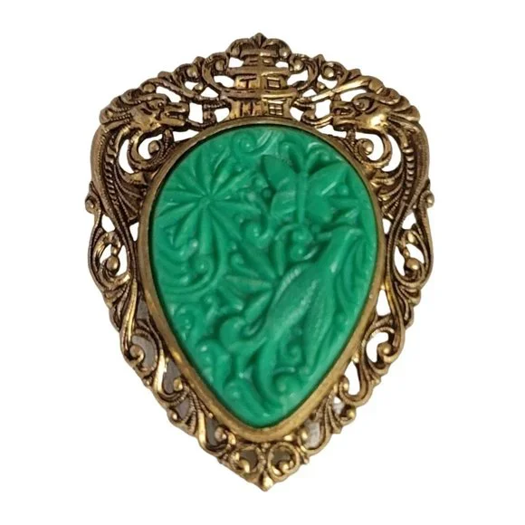 Gold Tone Asian Style Dragon Open Molded Plastic Inlay Brooch Pendant E03